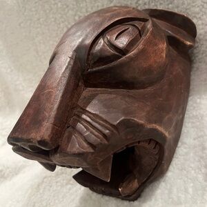 Vintage Mayan Hand Carved Wood Black Panther Jaguar Cat Head Folk Art Sculpture